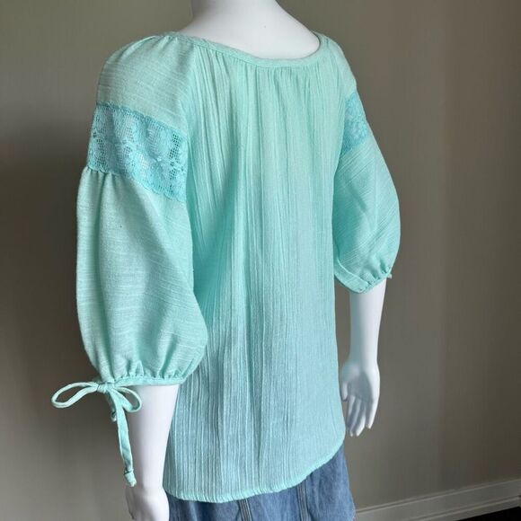 Vintage Sea Glass Blue Peasant Top Blouse Crotchet Lace Size M - Picture 6 of 7